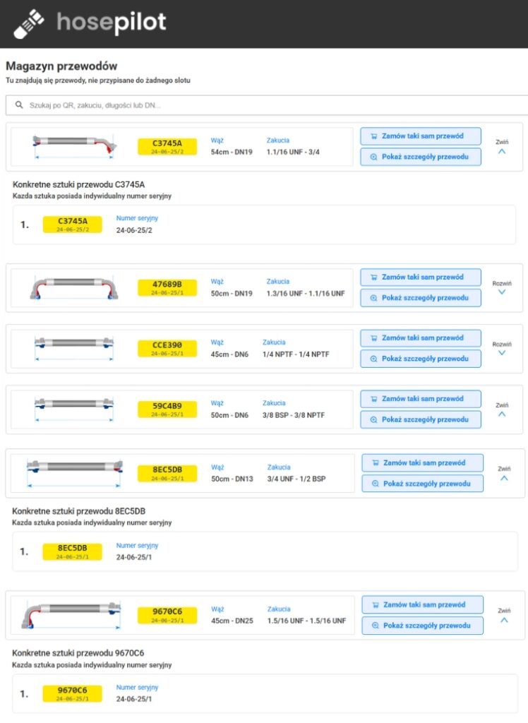 magazyn węży hydraulicznych do maszyn